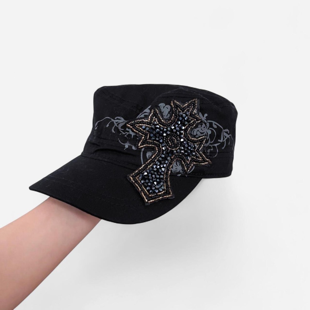 Y2K Baker Boy Newsboy Hat Beaded Affliction Style Cross Grunge